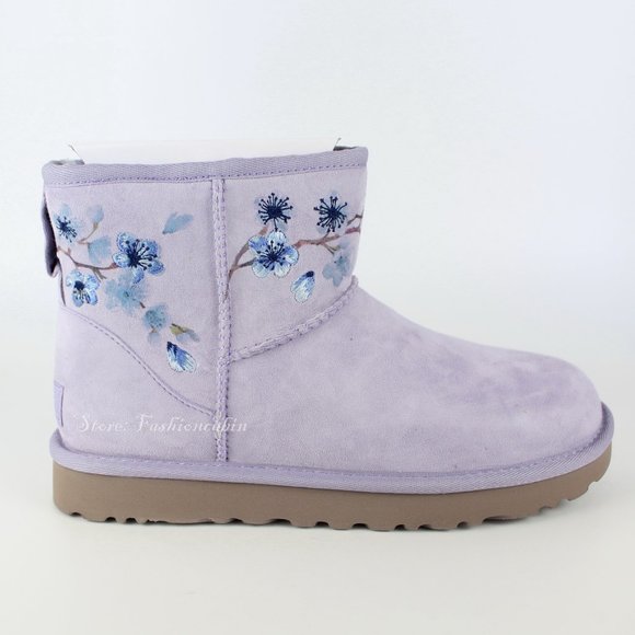 NEW UGG CLASSIC MINI Suede  Embroidered Floral Boots - Picture 7 of 14